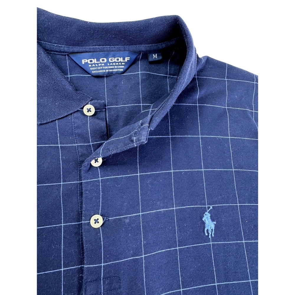 Polo Golf Ralph Lauren Navy Blue Windowpane Check Cotton Polo Shirt Mens Medium